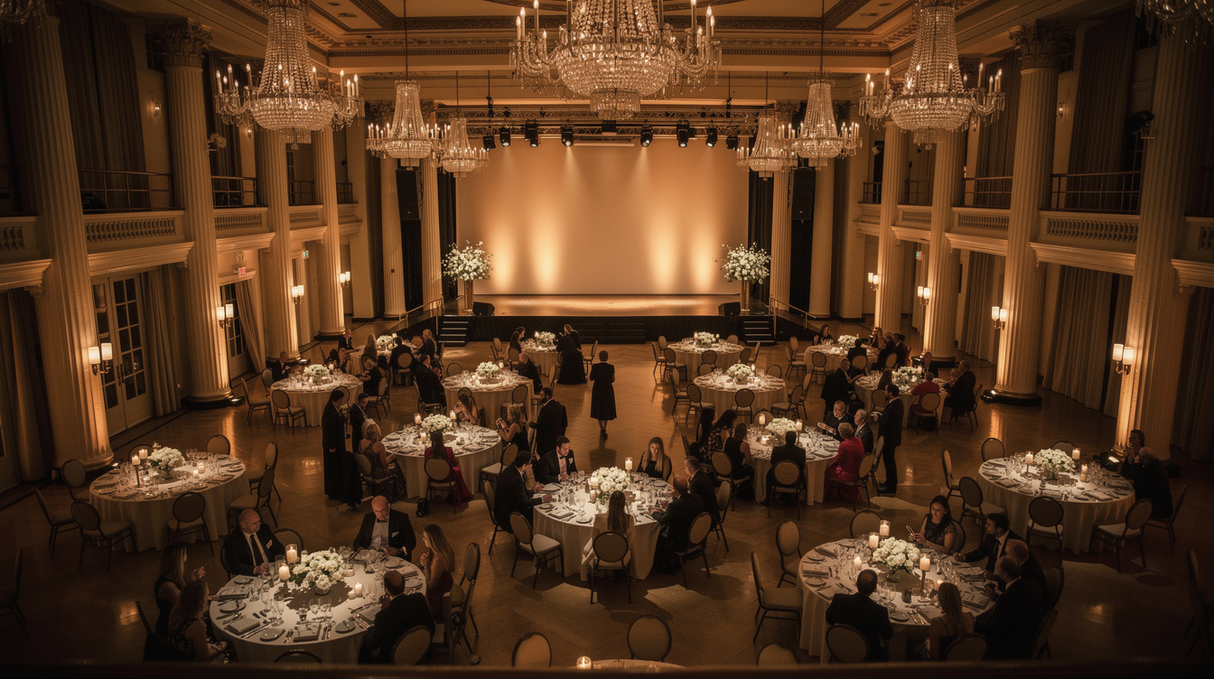 Elegant dark gala hall with ambient golden light