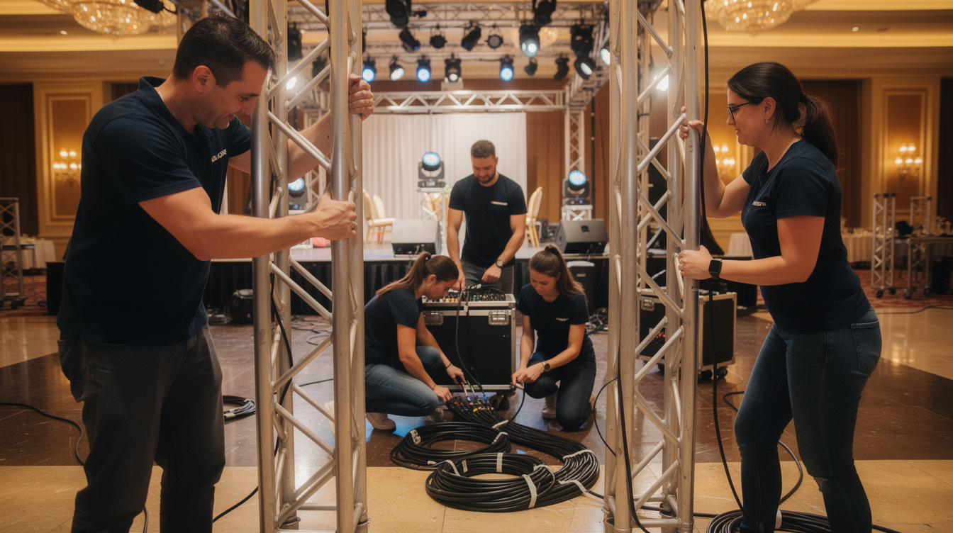 Event production crew setting up equipment before a gala