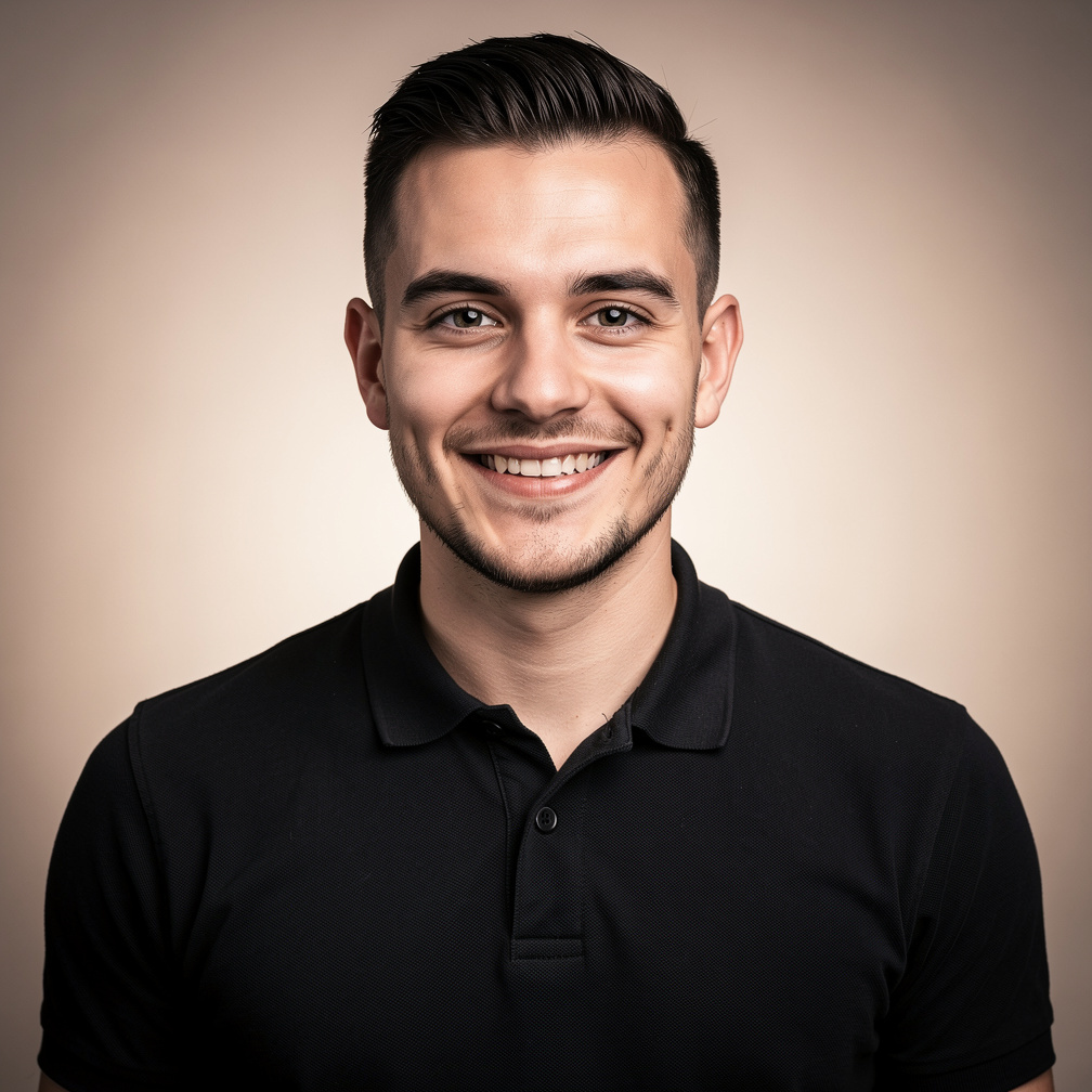 Studio portrait of a young Belgian man with short hair smiling