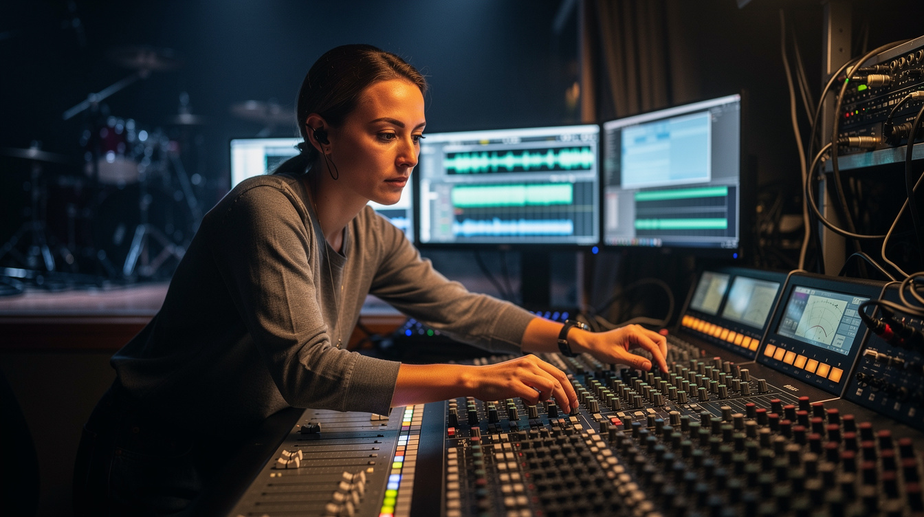 Sound engineer adjusting a mixing console during a live event