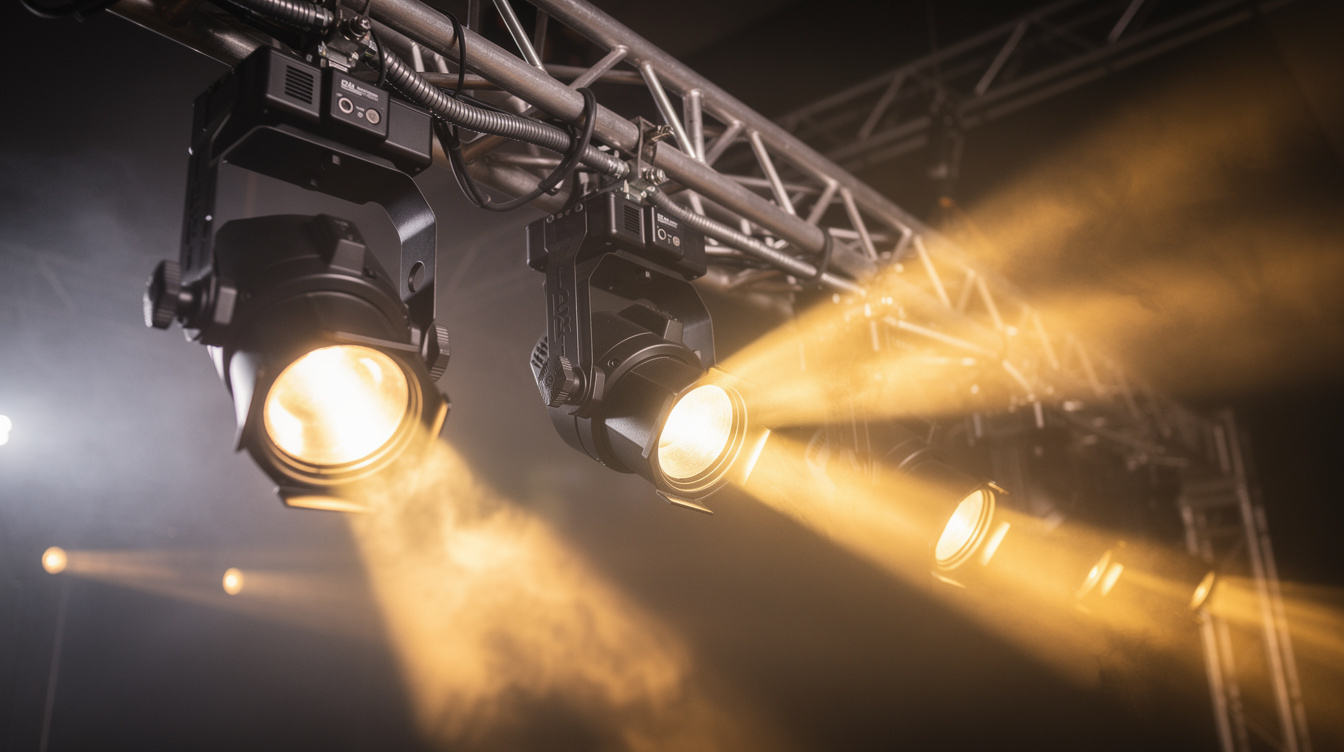 Rigged stage lighting fixtures glowing in amber and gold