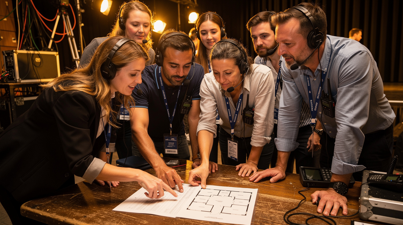 Event production team reviewing a run sheet before a gala
