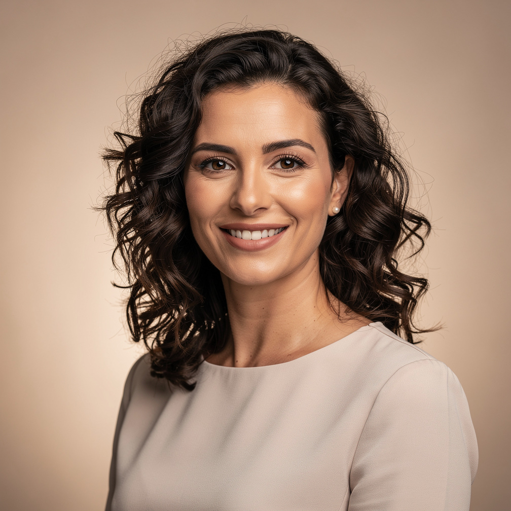 Studio portrait of a Belgian woman with curly hair smiling