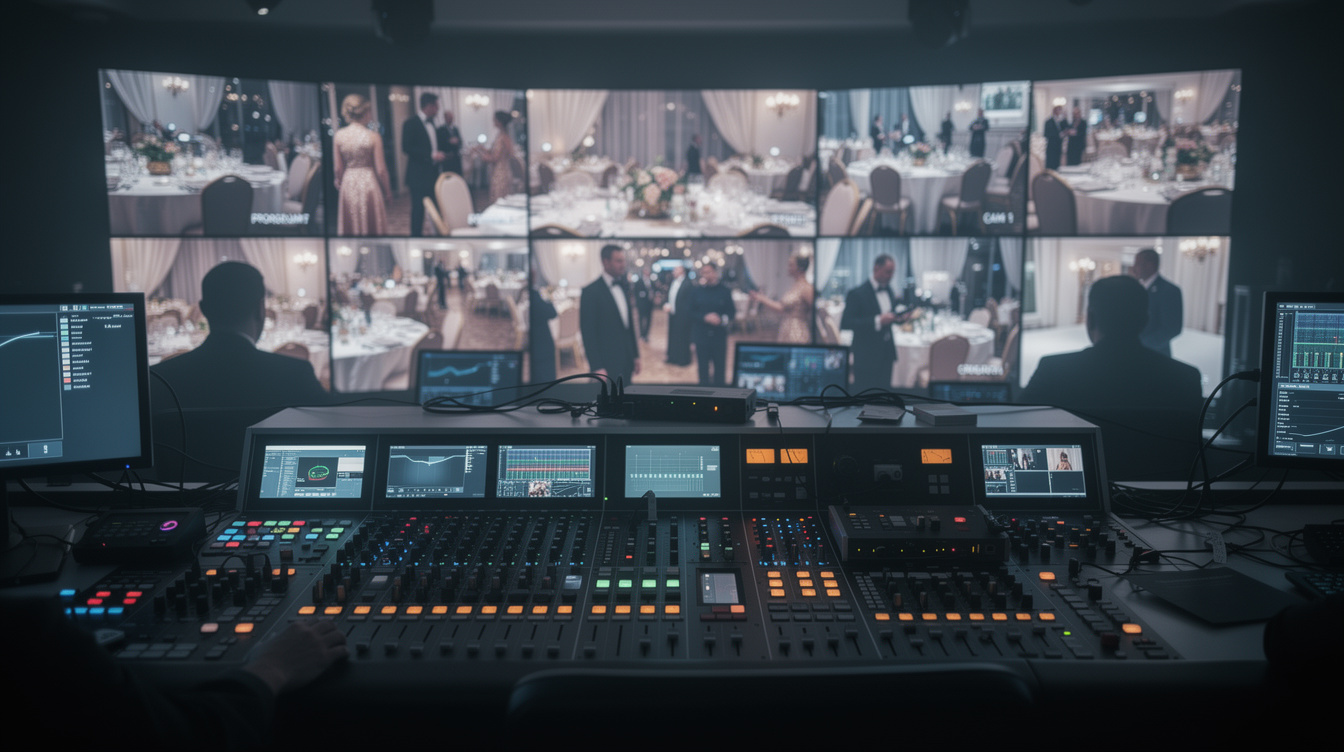 Broadcast control room monitors during live event coverage